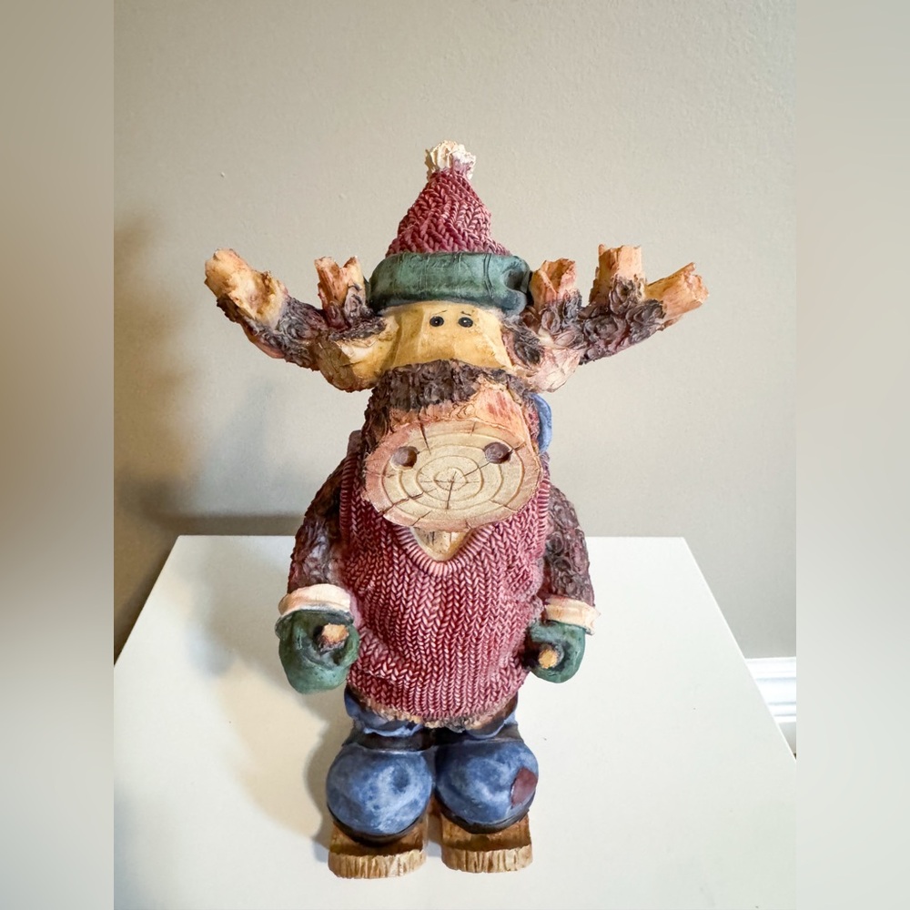 Whimsical Moose Figurine in Cozy Sweater & Ski Attire Resin Faux Wood 12”